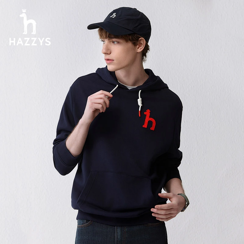 Hazzys哈吉斯春季男士连帽套头休闲百搭卫衣大标设计款时尚上衣男