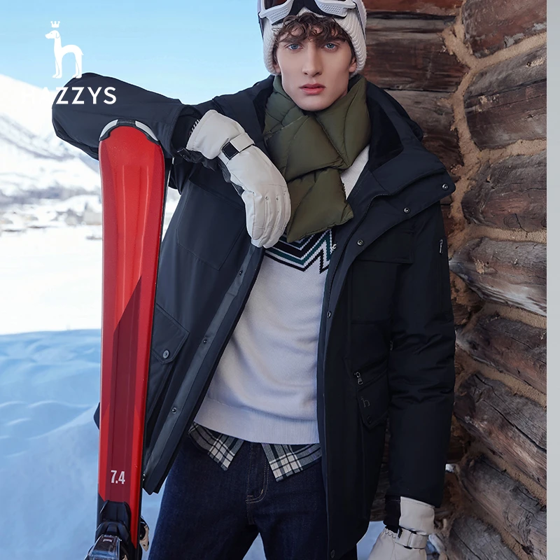 Hazzys哈吉斯冬季男士舒适连帽鸭绒羽绒服工装保暖外套户外男潮