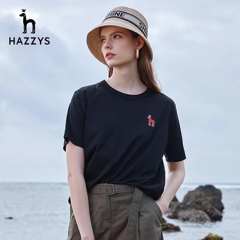 Hazzys哈吉斯纯色百搭短袖T恤女装纯棉打底衫潮流女内搭宽松上衣