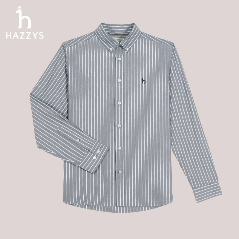 Hazzys/哈吉斯男士秋季长袖衬衫休闲竖条纹潮流衬衣简约时尚打底