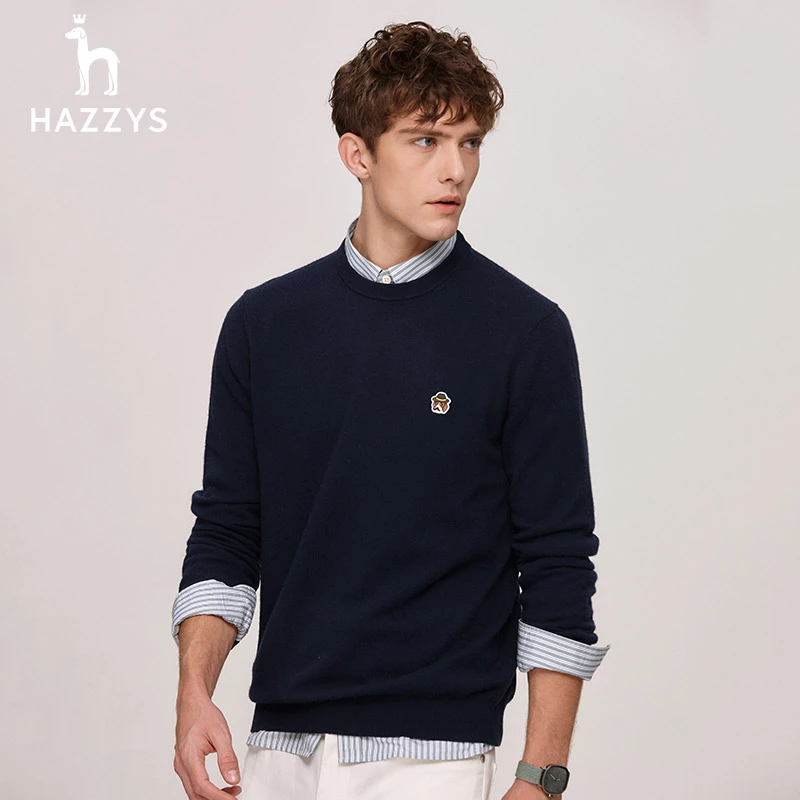 Hazzys哈吉斯秋冬男士羊毛衫简约套头圆领舒适英伦休闲毛衣针织衫