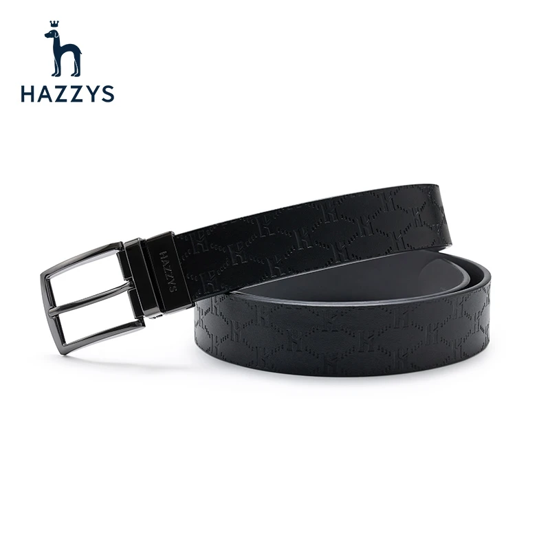 Hazzys哈吉斯男士针扣皮带商务休闲时尚黑色牛皮腰带男潮流