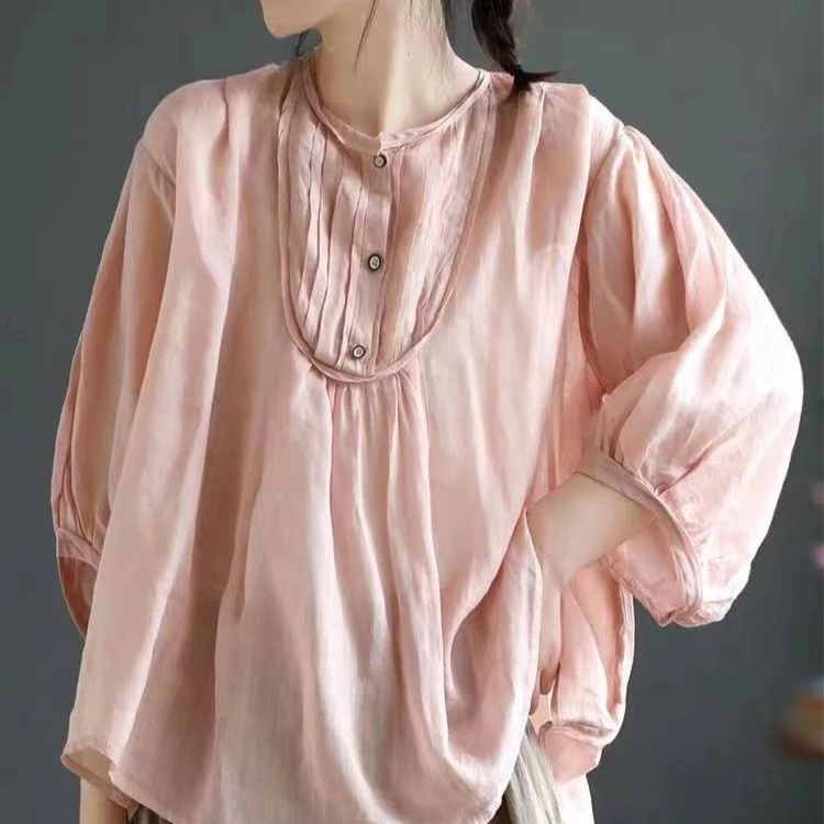 D201-D400苎麻亚麻女装纯色衬衫女夏季圆领减龄显瘦