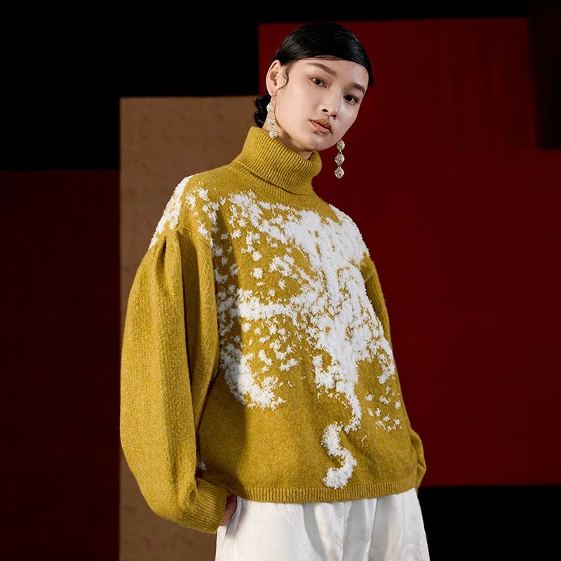 界内界外高领保暖加厚定位花宽松短袖针织毛衣外套短上衣J43Z2049