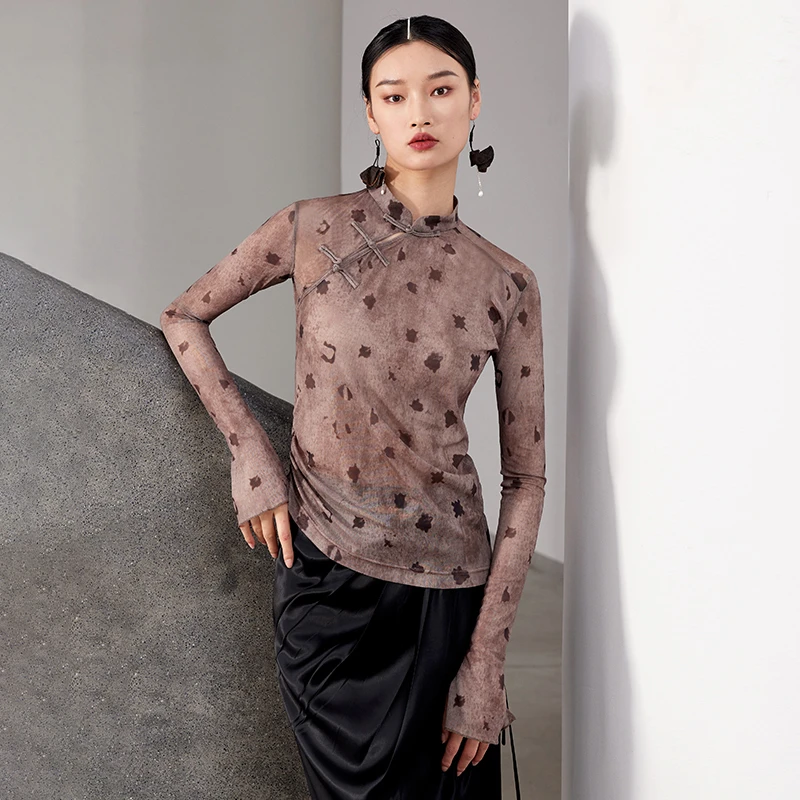 界内界外新中式复古印花偏襟修身显瘦百搭网纱长袖i衬衫J42C395