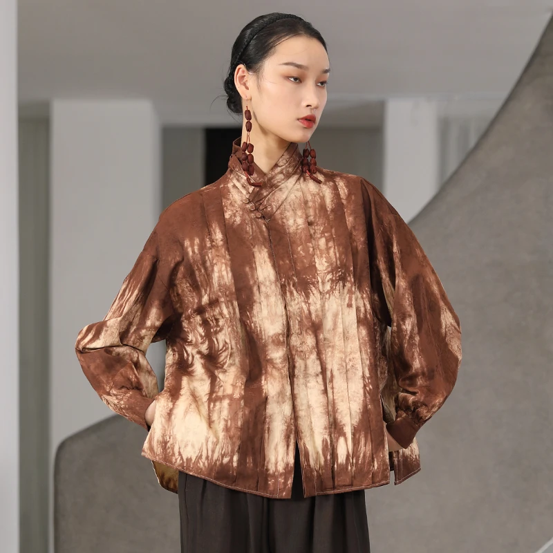 界内界外文艺新中式复古长袖交领中国风提花扎染宽松衬衫J33C746