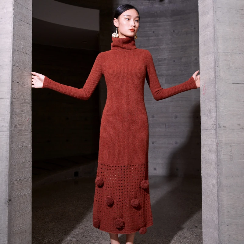 界内界外原创设计高领加厚镂空长款针织百搭打底连衣裙J23Z2105