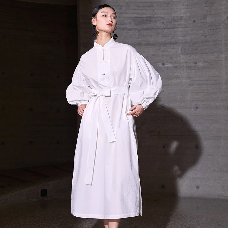 界内界外新中式白色灯笼袖棉质宽松长款禅意衬衫式连衣裙J23Q981