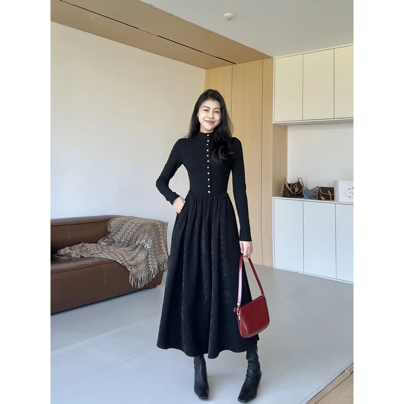 张阿星【里约慢调】冬季加绒法式气质时尚半高领拼接收腰百搭连衣裙