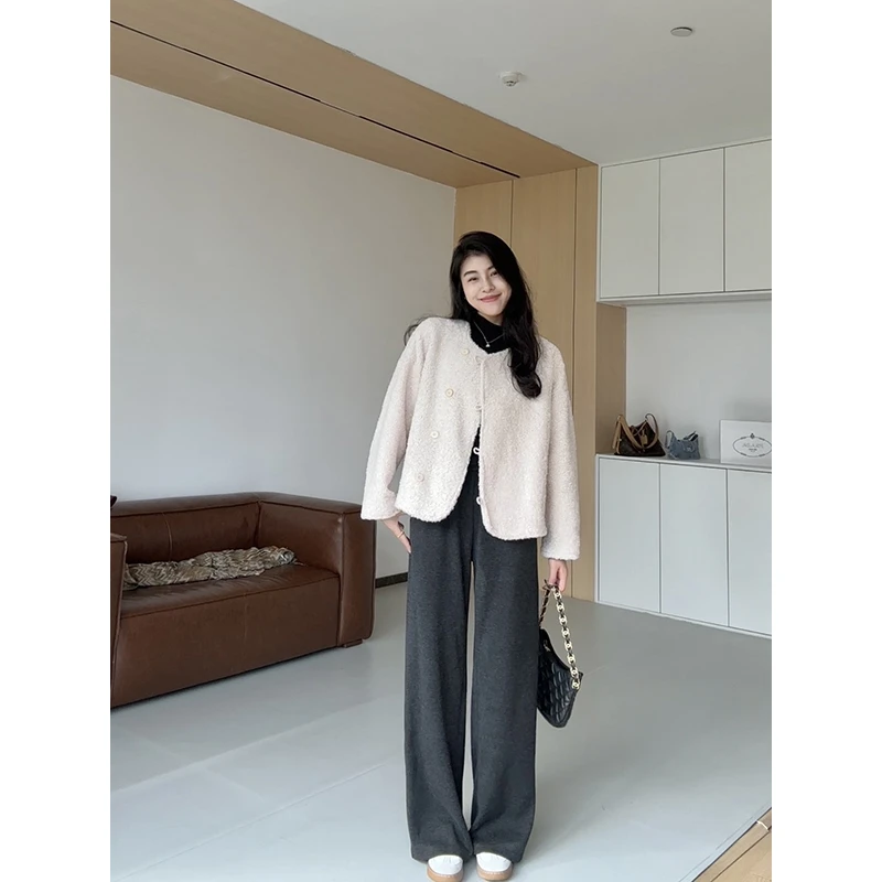 张阿星【云柔漫步】韩系小香风毛绒短款宽松外套+灰色加绒直筒裤