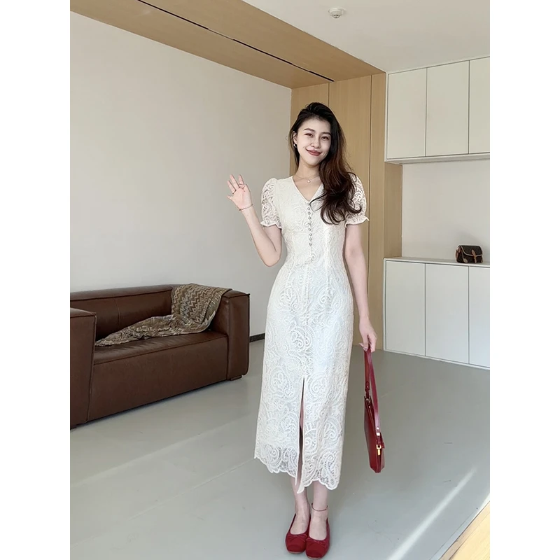 【清清专场】张阿星【温柔讯号】蕾丝显瘦气质开叉连衣裙W424Q05176