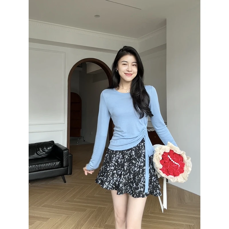 张阿星【雾蓝月光】显白气质调节收腰上衣+显瘦碎花半裙 W424A11037