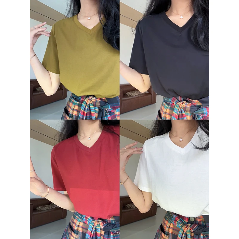张阿星【 旷野人生】T恤纯色v领t恤+美式高街ins不规则格纹设计裙裤