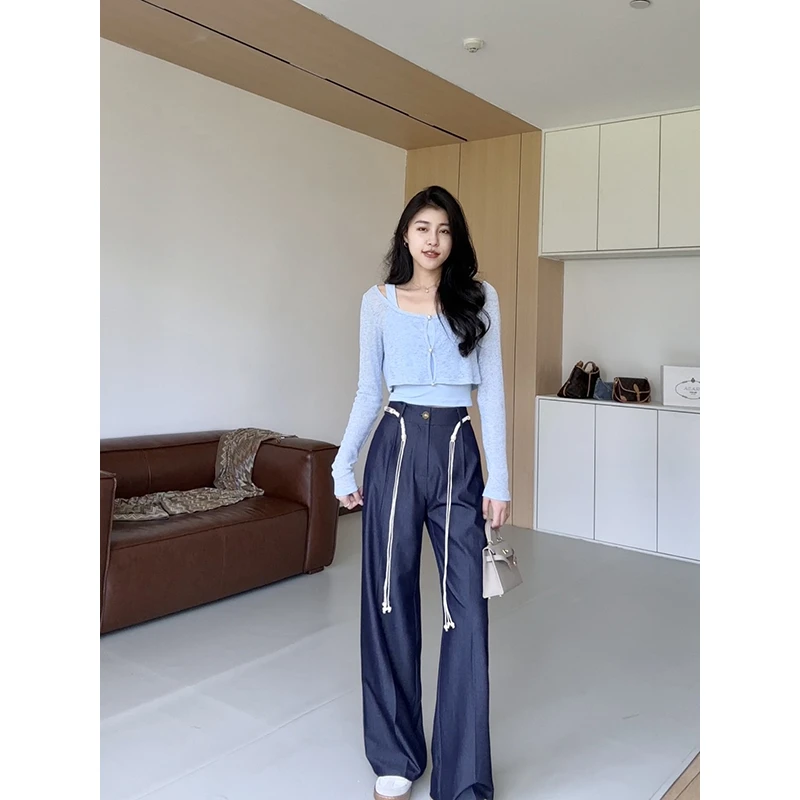 张阿星 背心罩衫休闲风时尚通勤三件套+牛仔蓝高腰款垂感直筒裤