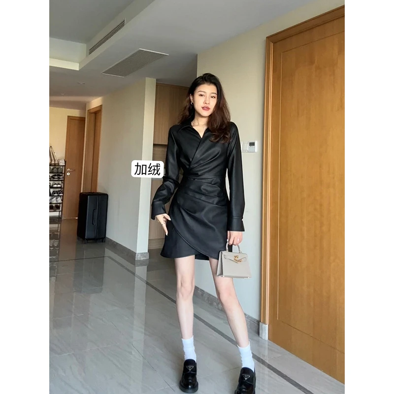 【现货48小时发货】张阿星高级褶皱收腰显瘦皮裙连衣裙 W423Q0717