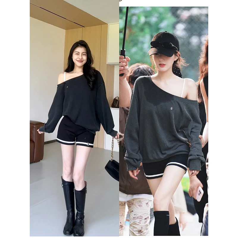 张阿星【美高少女】美式复古斜肩慵懒风卫衣+紧身短裤W424A11668