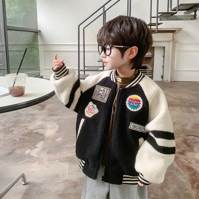 男童冬装外套2023新款儿童加绒加厚棒球服男孩帅气时髦毛毛衣夹克