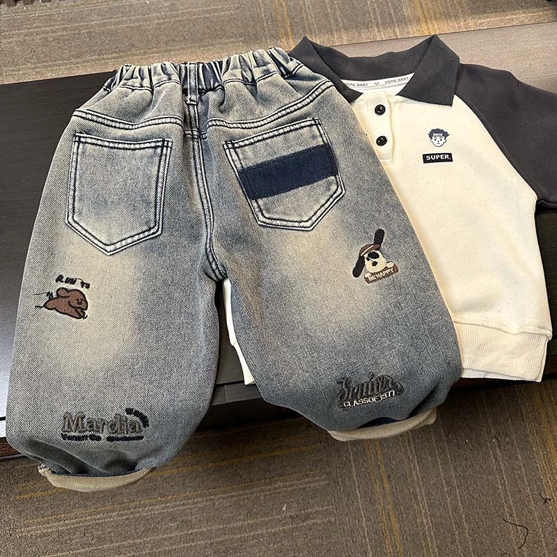 男童冬季裤子儿童牛仔裤加绒加厚2024新款宝宝一体绒加厚软牛仔裤