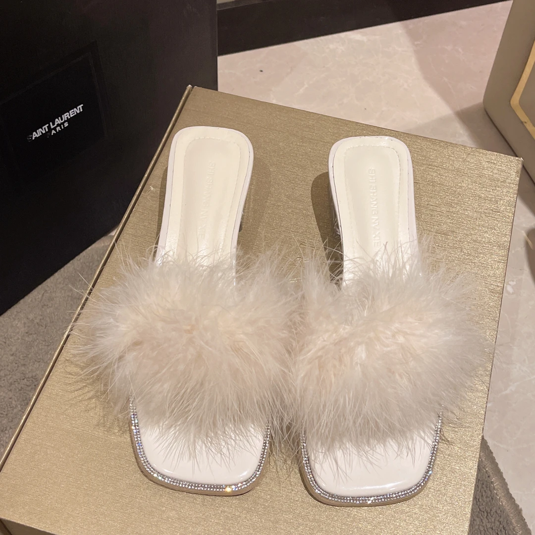 【安妮老板】仙女风毛毛拖鞋女2024夏外穿新款凉鞋粗跟透明凉拖鞋