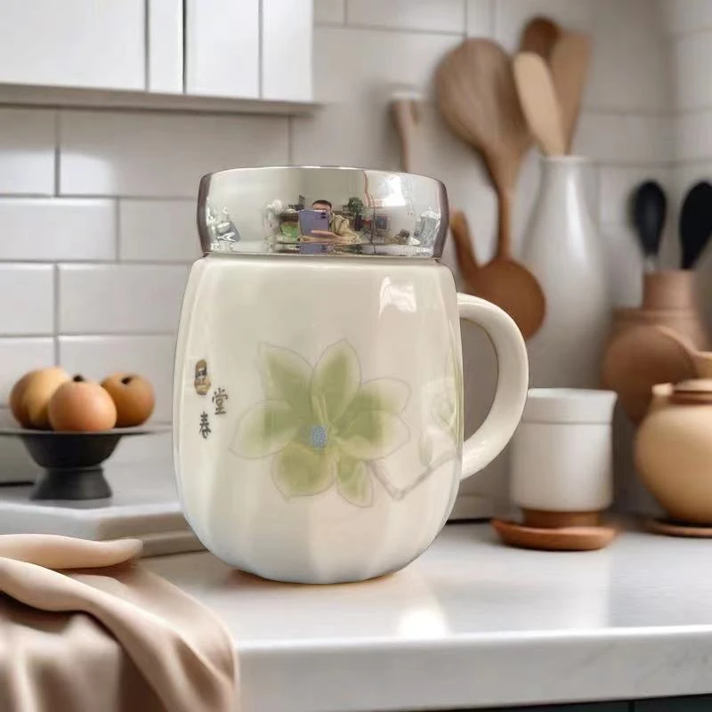 镁缘景德镇玉堂春480ML陶瓷马克杯家用大容量学生水杯带盖情侣杯