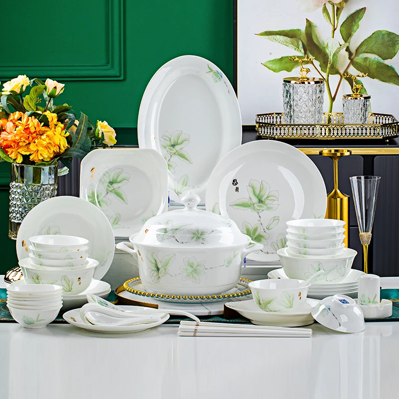 镁缘景德镇高温骨瓷【玉堂春】餐具套装56件+赠品27件到手83件