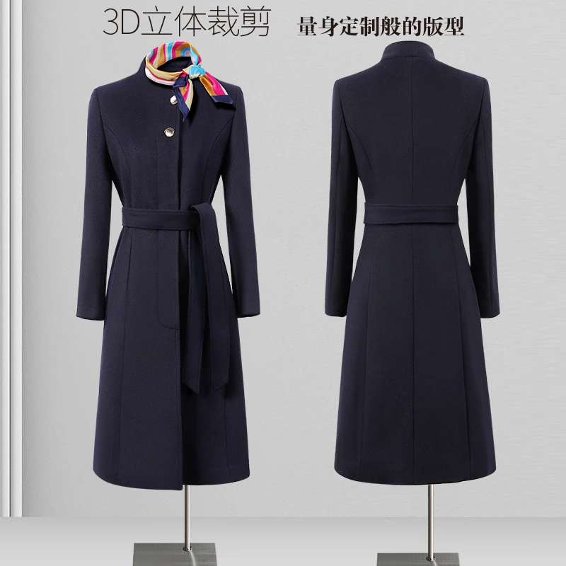 毛呢大衣女冬季时尚藏蓝色修身中长款外套高级感职业装保暖工作装