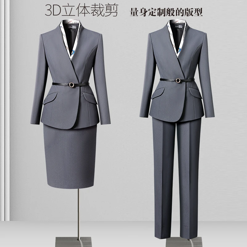 高端职业套装女春季气质干练灰色西装工装售楼部前台珠宝店工作服