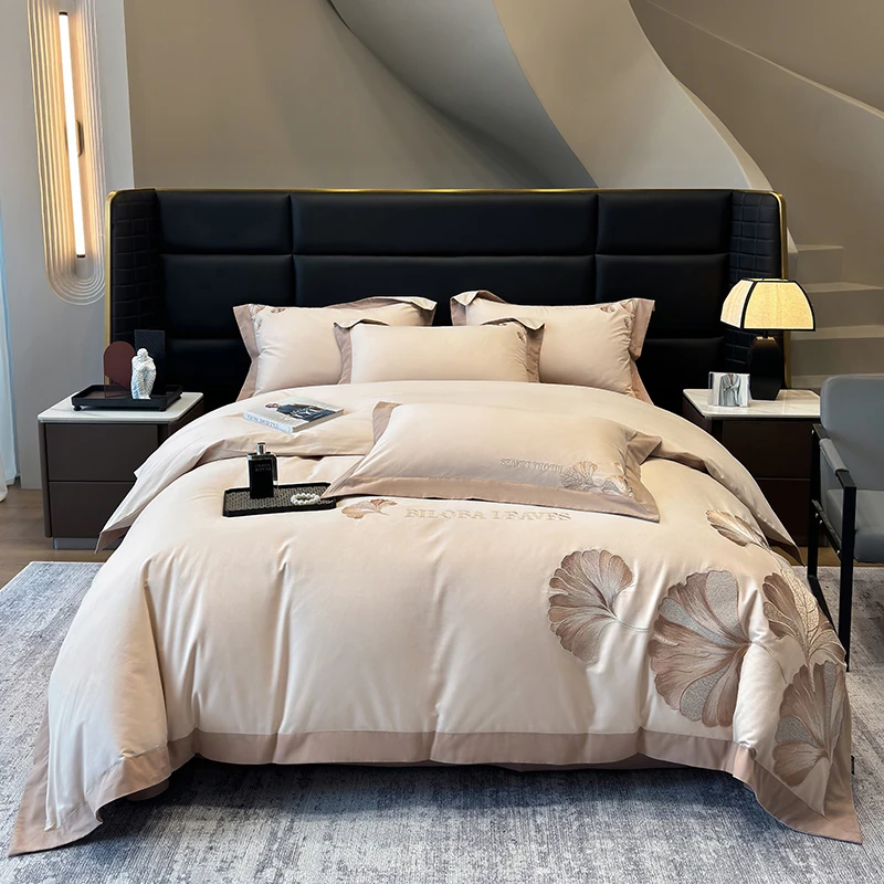 眠梦【金银杏】新款全棉加厚磨毛刺绣双拼四件套简床上用品床单被套