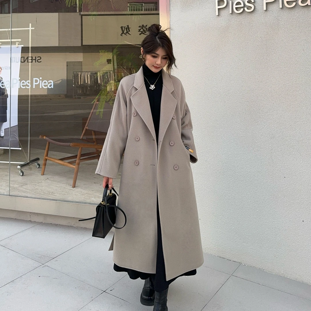 秋冬新款双面绒大衣女中长款西装领毛呢外套韩版时尚宽松显瘦