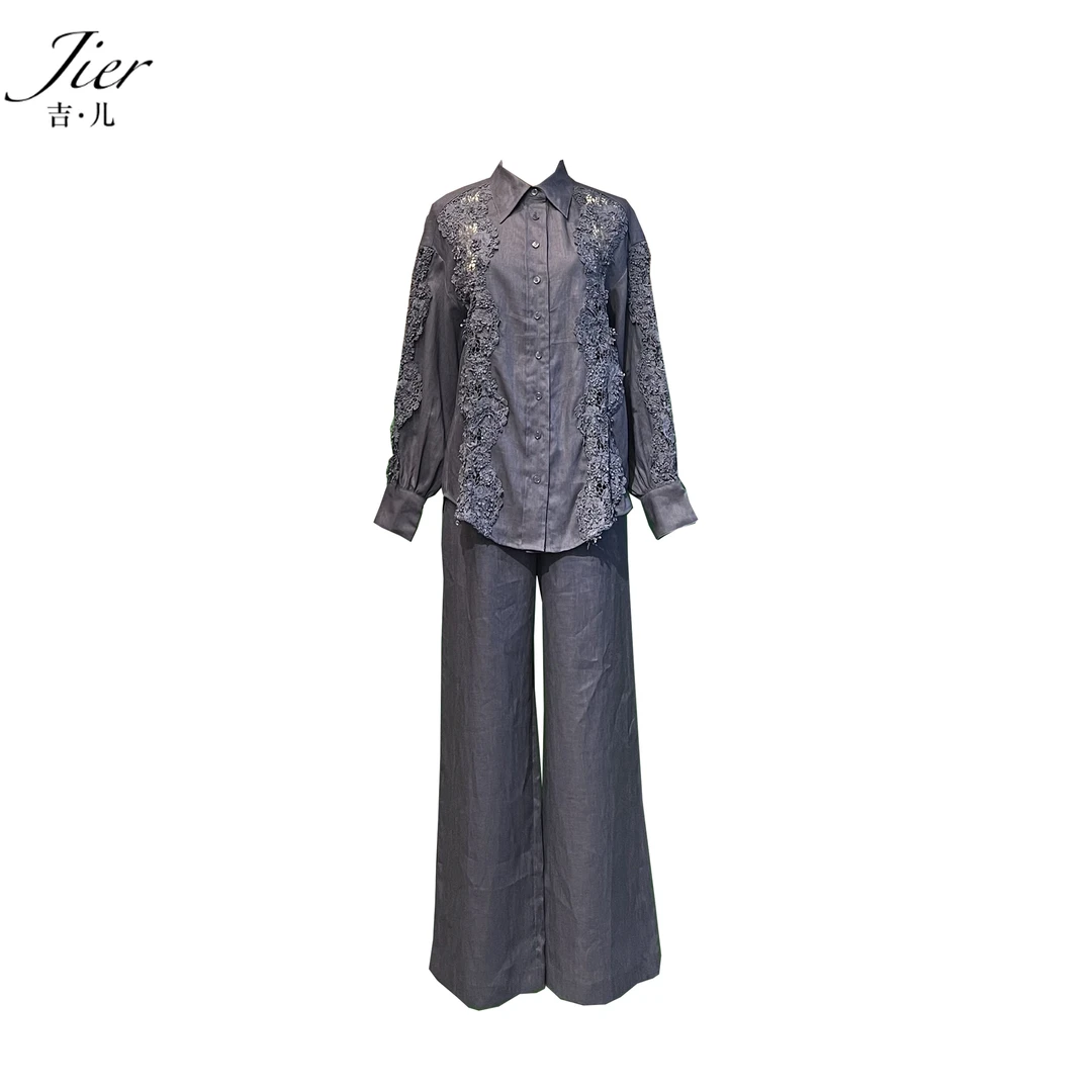 【Jier吉儿】原创设计师2024夏季新款重工蕾丝镂空中长款衬衫套装女