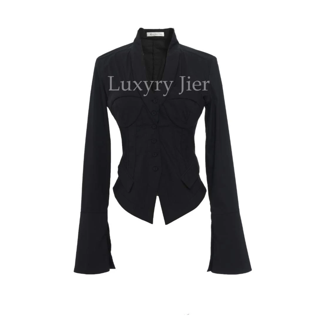 【妖客】高级设计师复古通勤气质（鱼骨正云）V领衬衫