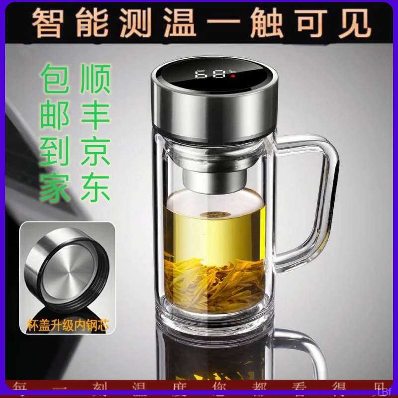透明双层玻璃杯带把手泡茶杯男女家用茶水杯带手柄过滤喝水杯