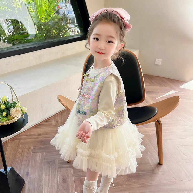 女童盘扣马甲套装2025新款儿童春秋装复古中国风女宝宝洋气公主裙