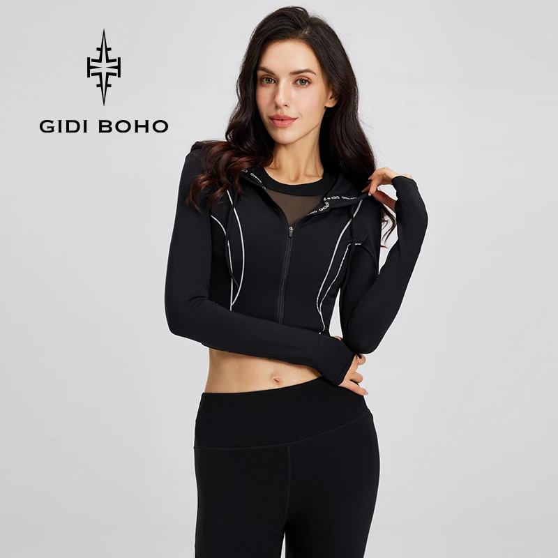 GIDI BOHO/极地薄荷显瘦户外健身服长袖女连帽跑步运动弹力外套女