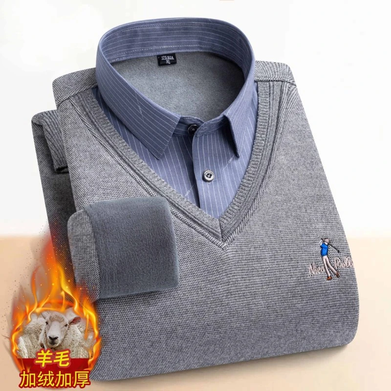 朗派服饰专柜正品新款钜惠冬季男士羊毛假两件加绒加厚无痕衬衫领
