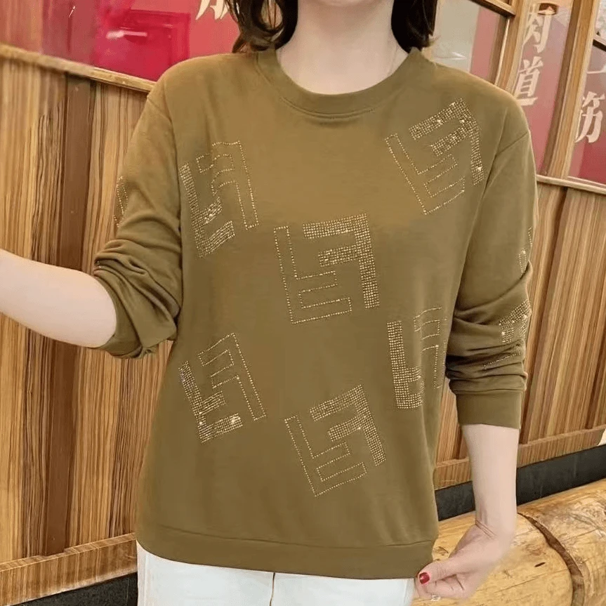 春季新款时尚中老年妈妈装圆领长袖t恤宽松卫衣休闲百搭显瘦上衣