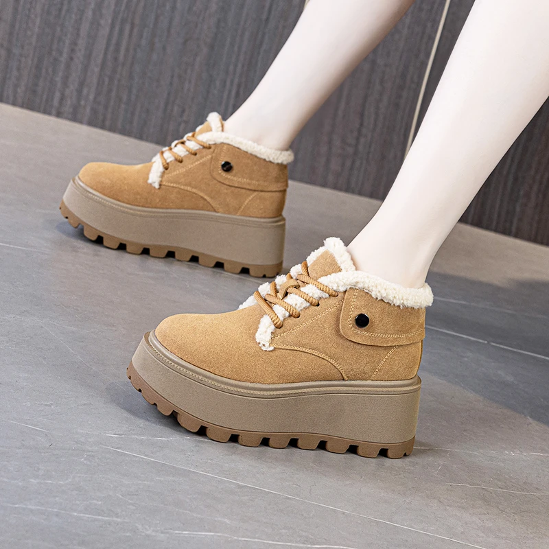 加绒保暖毛毛鞋女2024冬季新款复古8cm厚底时尚百搭休闲系带棉鞋