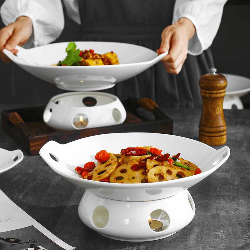 陶瓷保温盘子子商用明炉套装蜡烛加热炉双耳蒸鱼盘创意私房菜餐具