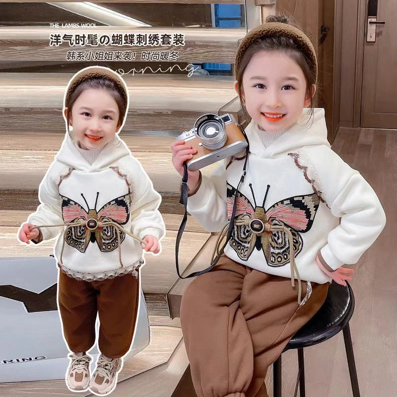 女童套装春秋季2024新款韩版蝴蝶套装春装卫衣休闲运动服两件套潮