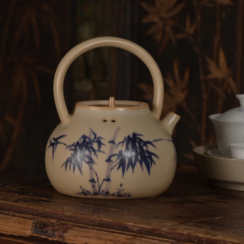 青花手绘大容量家用提梁壶中式陶瓷家用复古大号烧水壶简约煮水壶