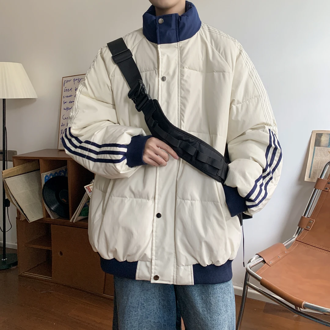 NINEDAO/玖岛韩版棉衣男款冬季三条杠潮流面包服加厚防寒保暖棉袄