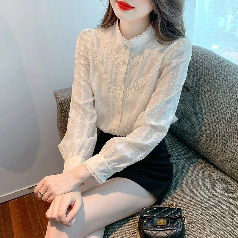 2025春秋新款高级感蕾丝花边长袖洋气减龄百搭立领女士雪纺衬衫