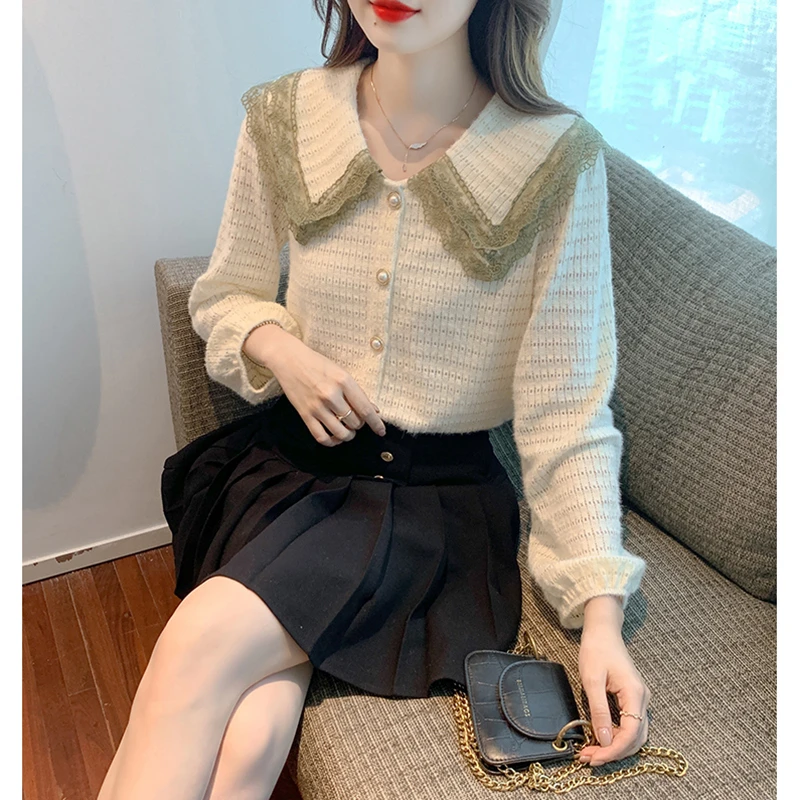 春秋2024新款甜美法式娃娃领蕾丝衫女士长袖时尚别致漂亮洋气上衣
