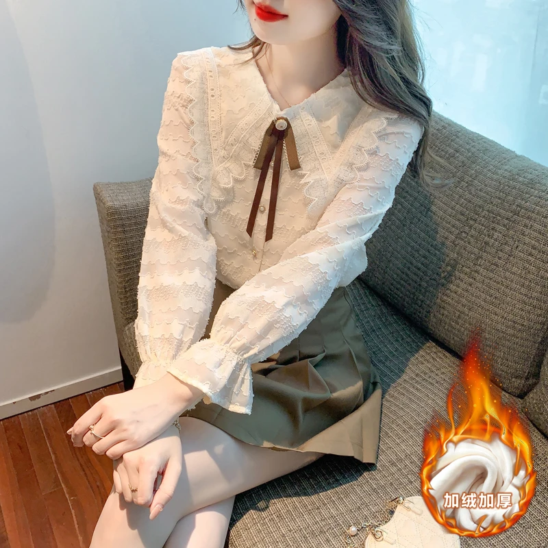 2025秋冬娃娃领领长袖蕾丝衫女士洋气时尚百搭打底衫甜美减龄上衣