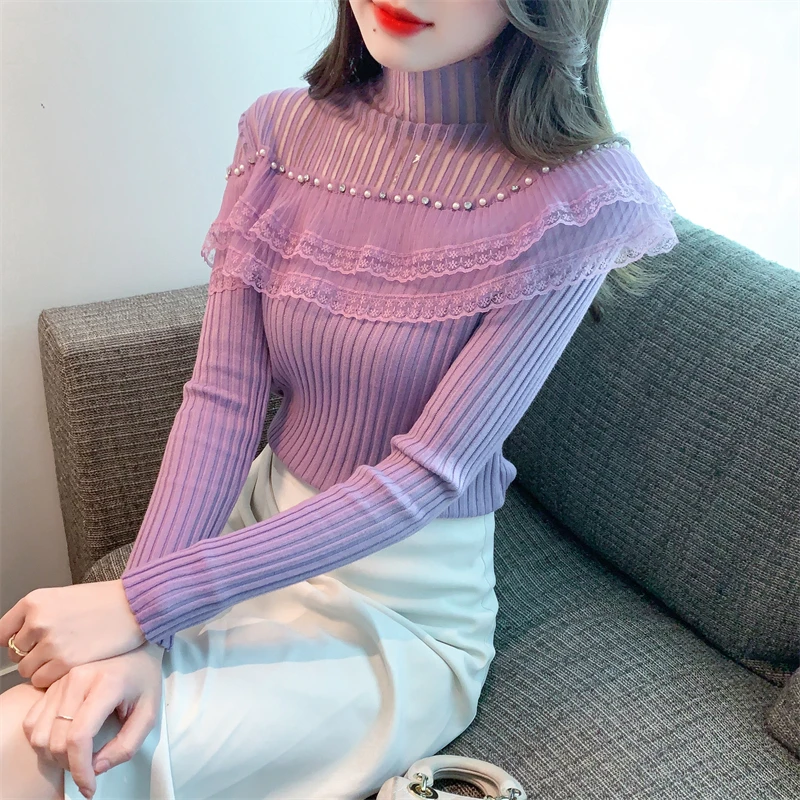 2025新款春秋季半高领蕾丝荷叶边拼接针织衫女士钉钻长袖气质上衣