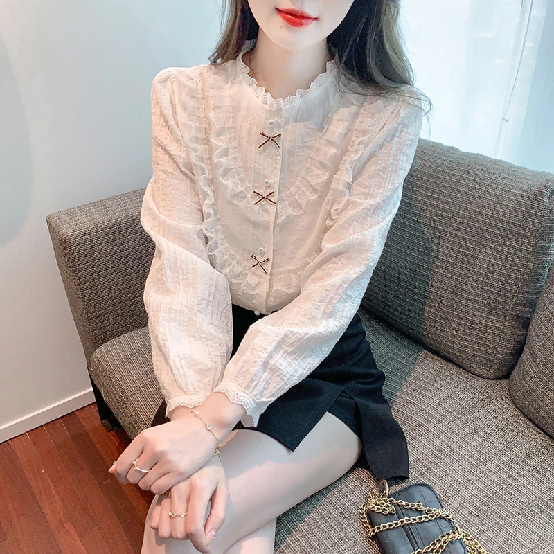 甜美蕾丝花边长袖衬衫女士洋气时尚百搭衬衣2025秋季法式漂亮上衣