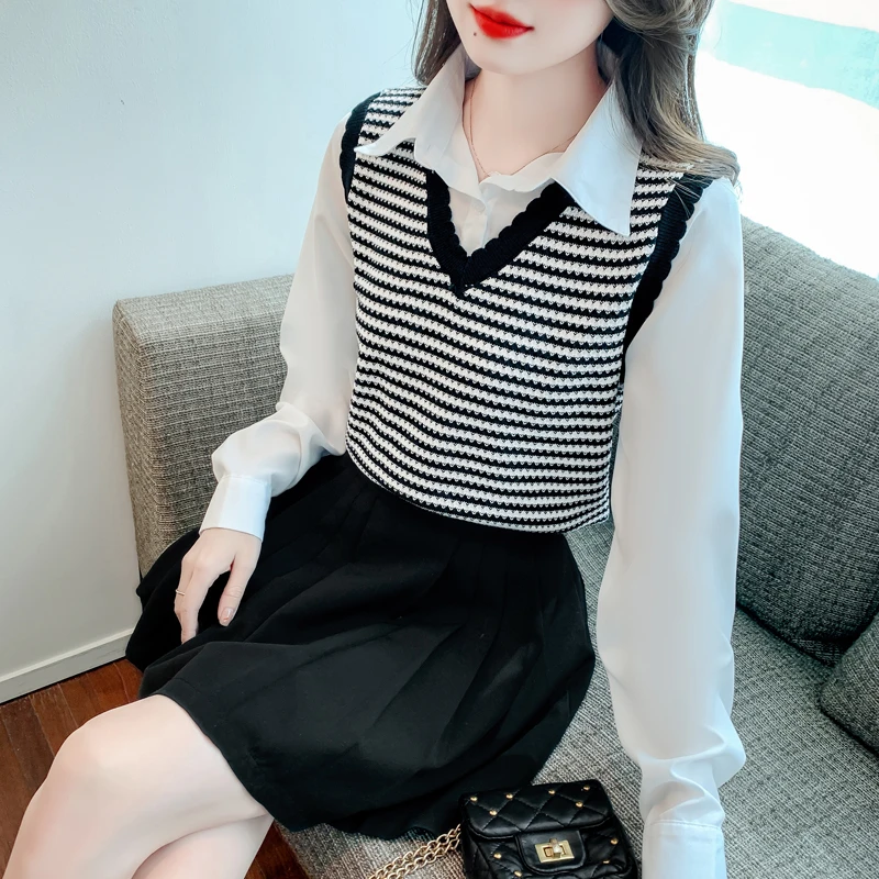 2025新款春秋拼接条纹长袖假两件衬衫女士polo领高级小众别致上衣