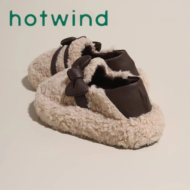 Hotwind/热风毛毛拖鞋女2024冬季新款加绒包跟棉鞋一脚蹬两穿棉鞋