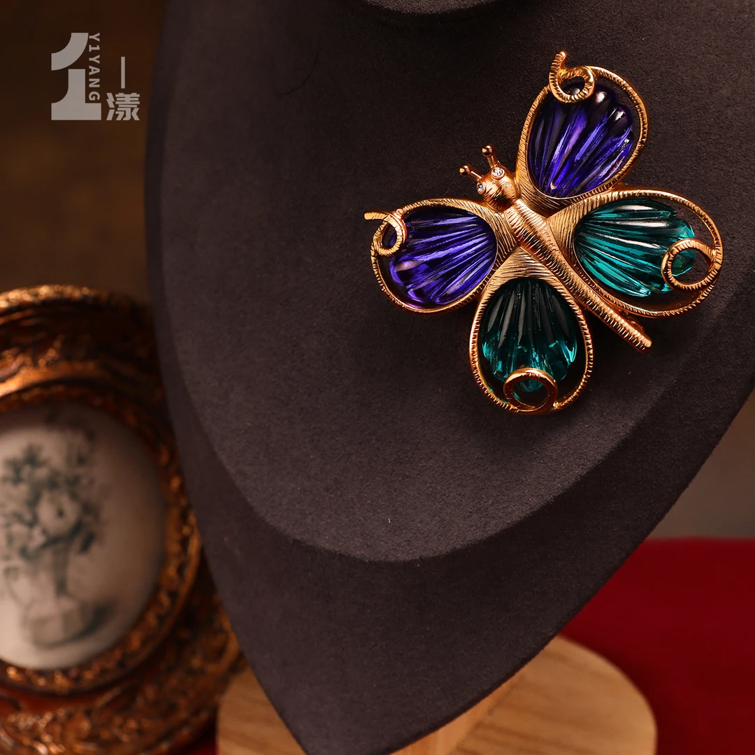 一漾 合金亚克力胸针 手工蓝色古风彩色镶嵌烧蓝坠链银胸针