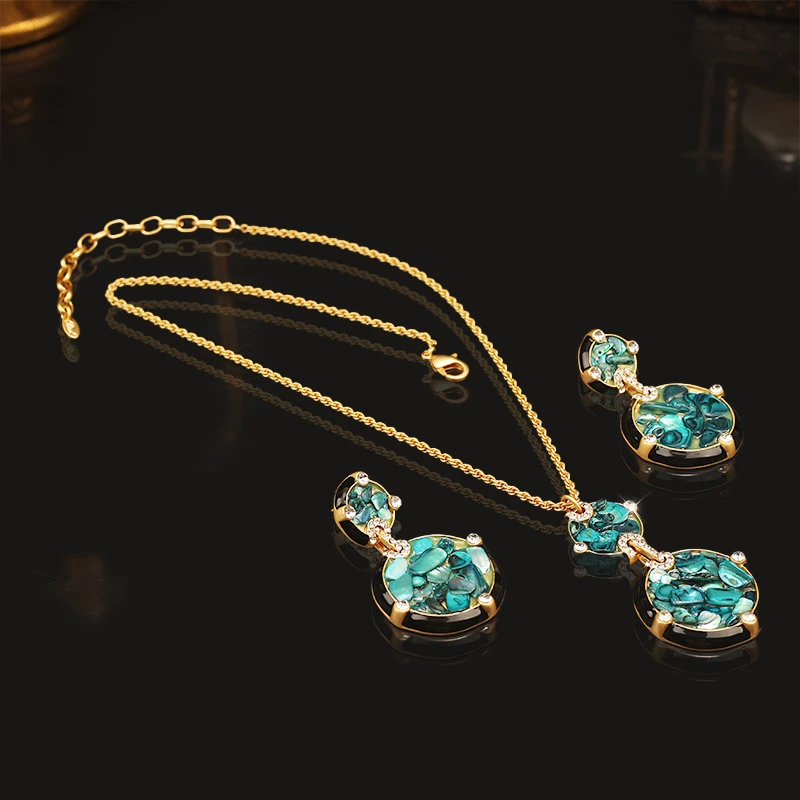 一漾 铜合金合成锆石项链 设计师款蓝色套装项链耳环